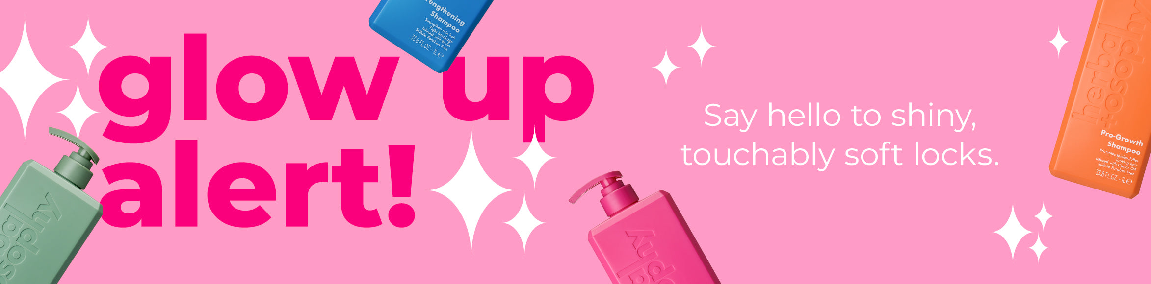 four Herbalosophy products on a light pink background with the text "glow up alert! Say hello to shiny, touchably soft locks." and small white sparkles.