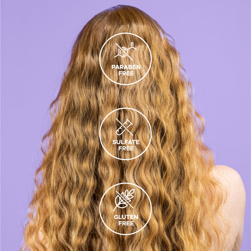 long wavy hair with Paraben Free, Sulfate Free and Gluten Free badges overlayed