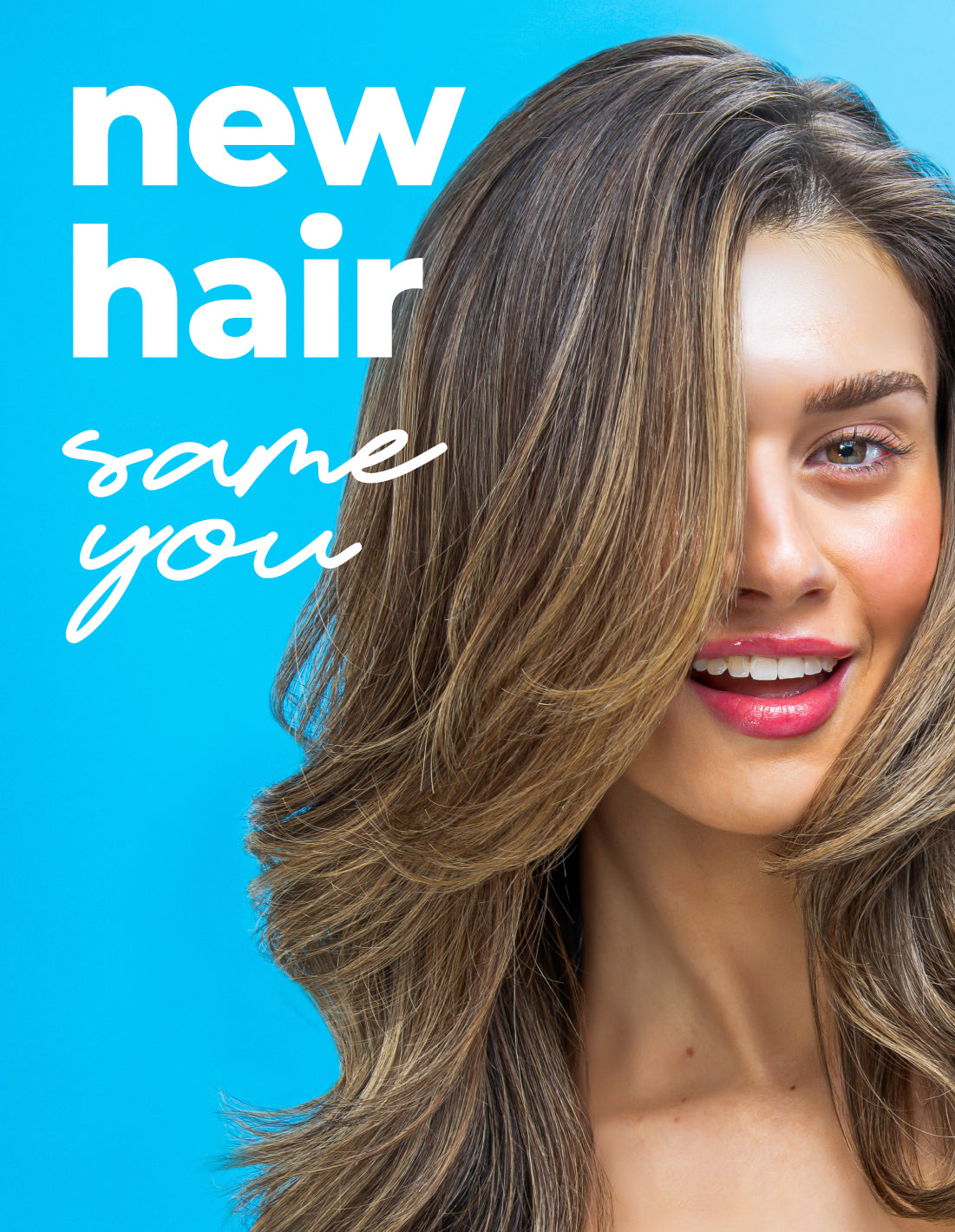 a smiling brunette woman with wavy, healthy hair on a blue background and the text "new hair same you"
