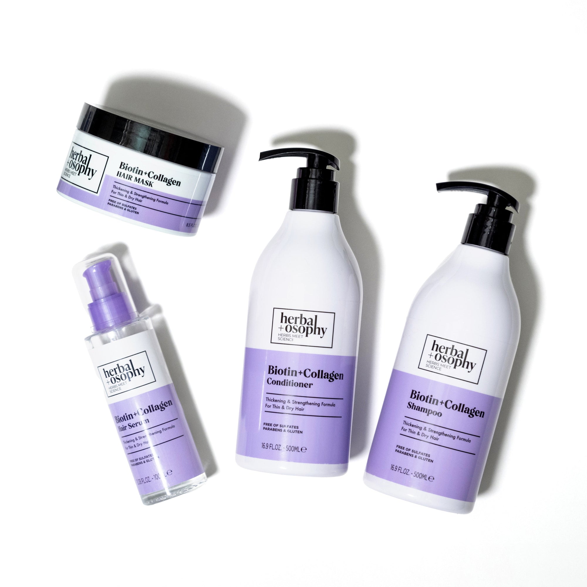 Herbalosophy Biotin + Collagen product series showing images of the Shampoo, Conditioner, Hair Mask and Serum