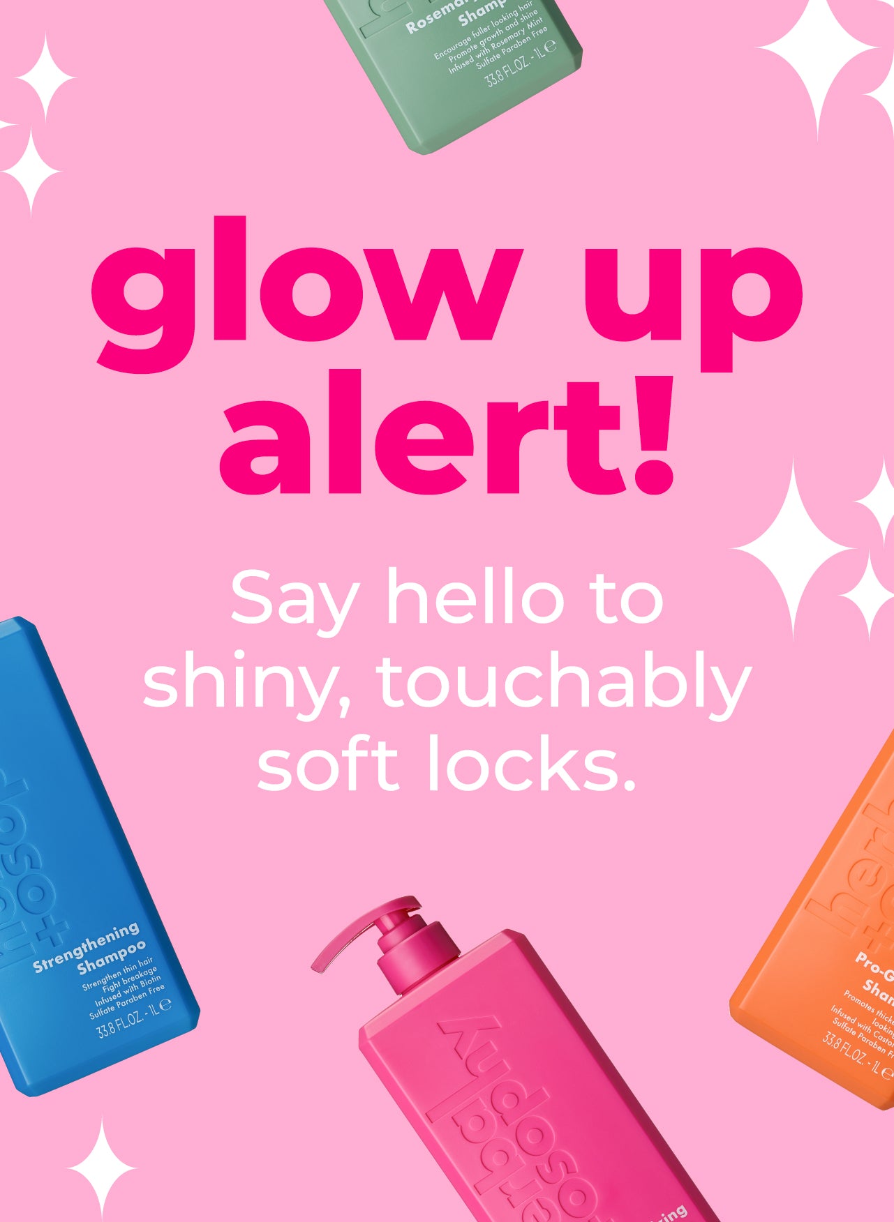 four Herbalosophy products on a light pink background with the text "glow up alert! Say hello to shiny, touchably soft locks." and small white sparkles.