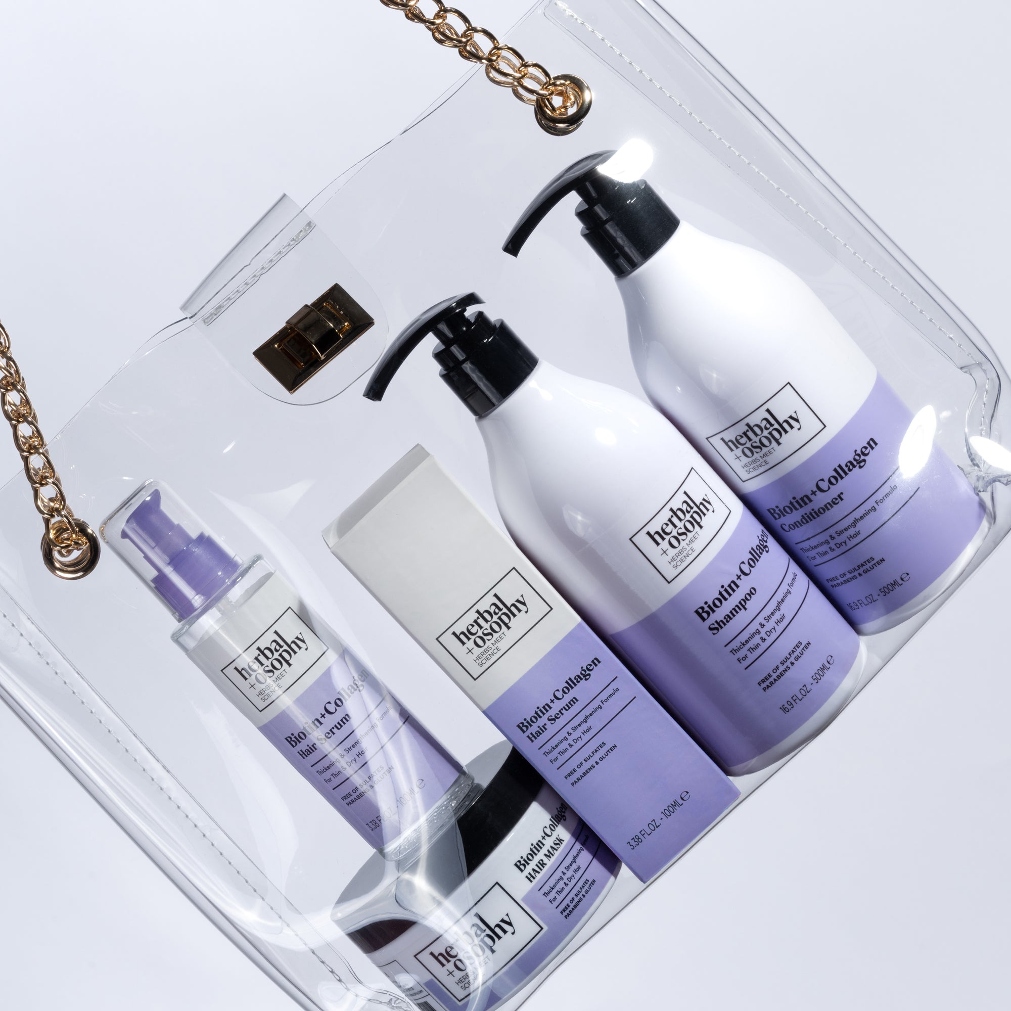 Herbalosophy Biotin + Collagen hair care series of products in a clear handbag