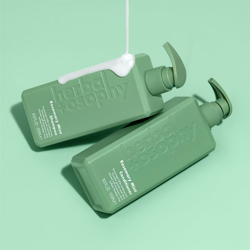 Herbalosophy Rosemary Mint Shampoo and Conditioner to invigorate and strengthen hair.