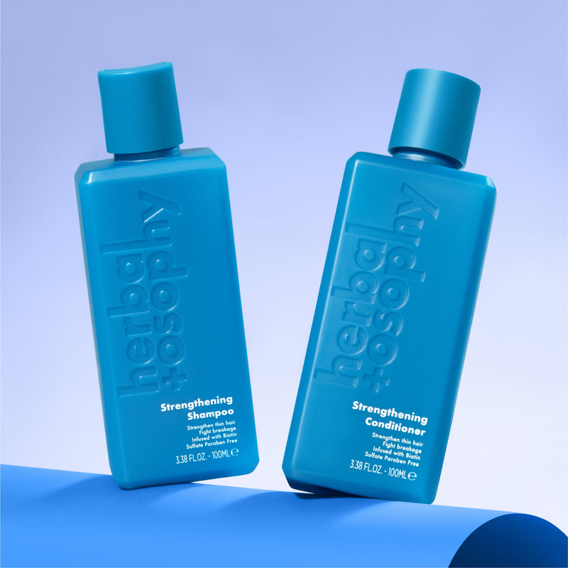 Herbalosophy Strengthening shampoo and conditioner with biotin and hyaluronic acid for stronger, fortified hair.
